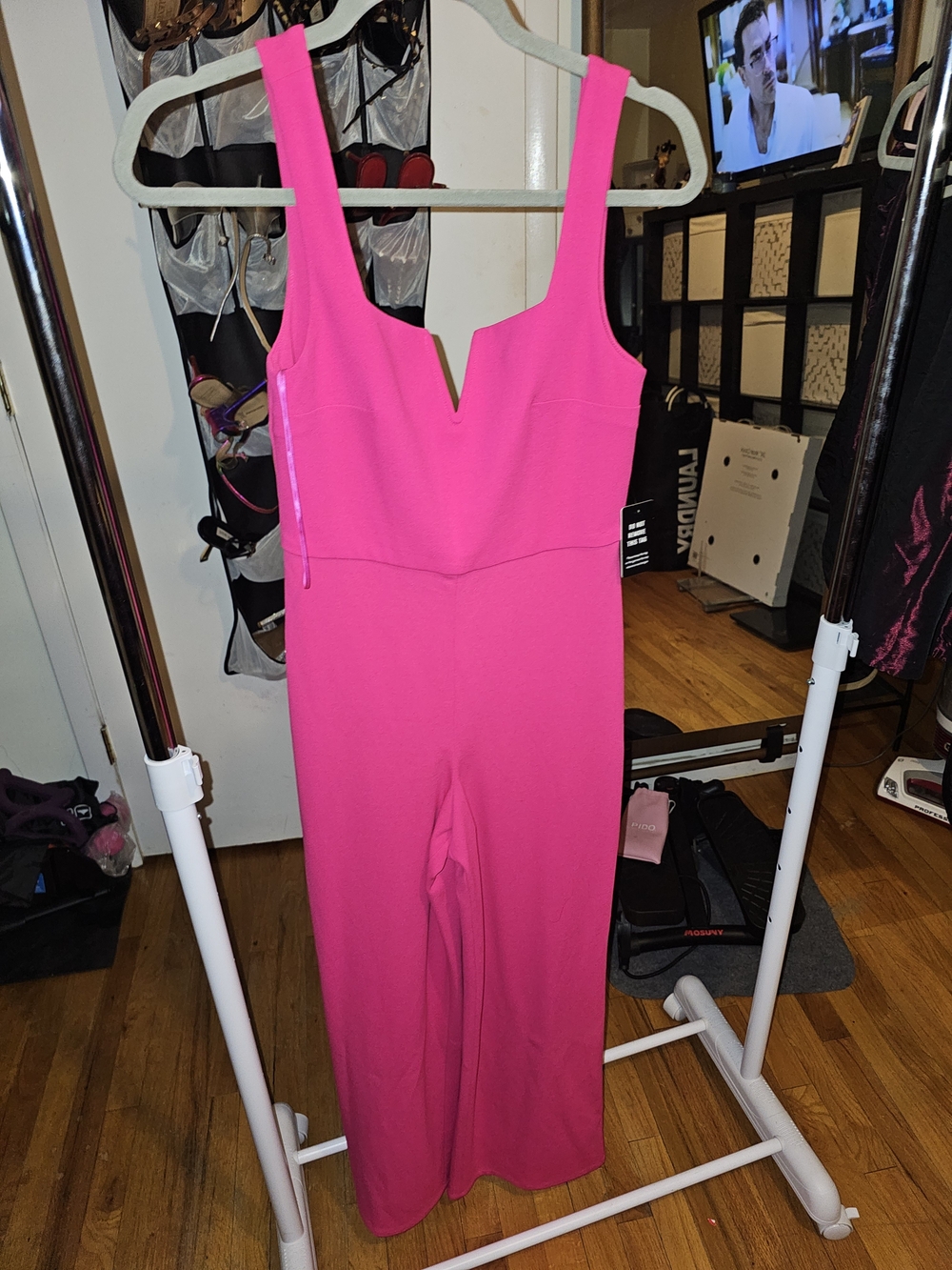 Express Bright Hot Pink Sleeveless V-Notch Wide-Leg Jumpsuit